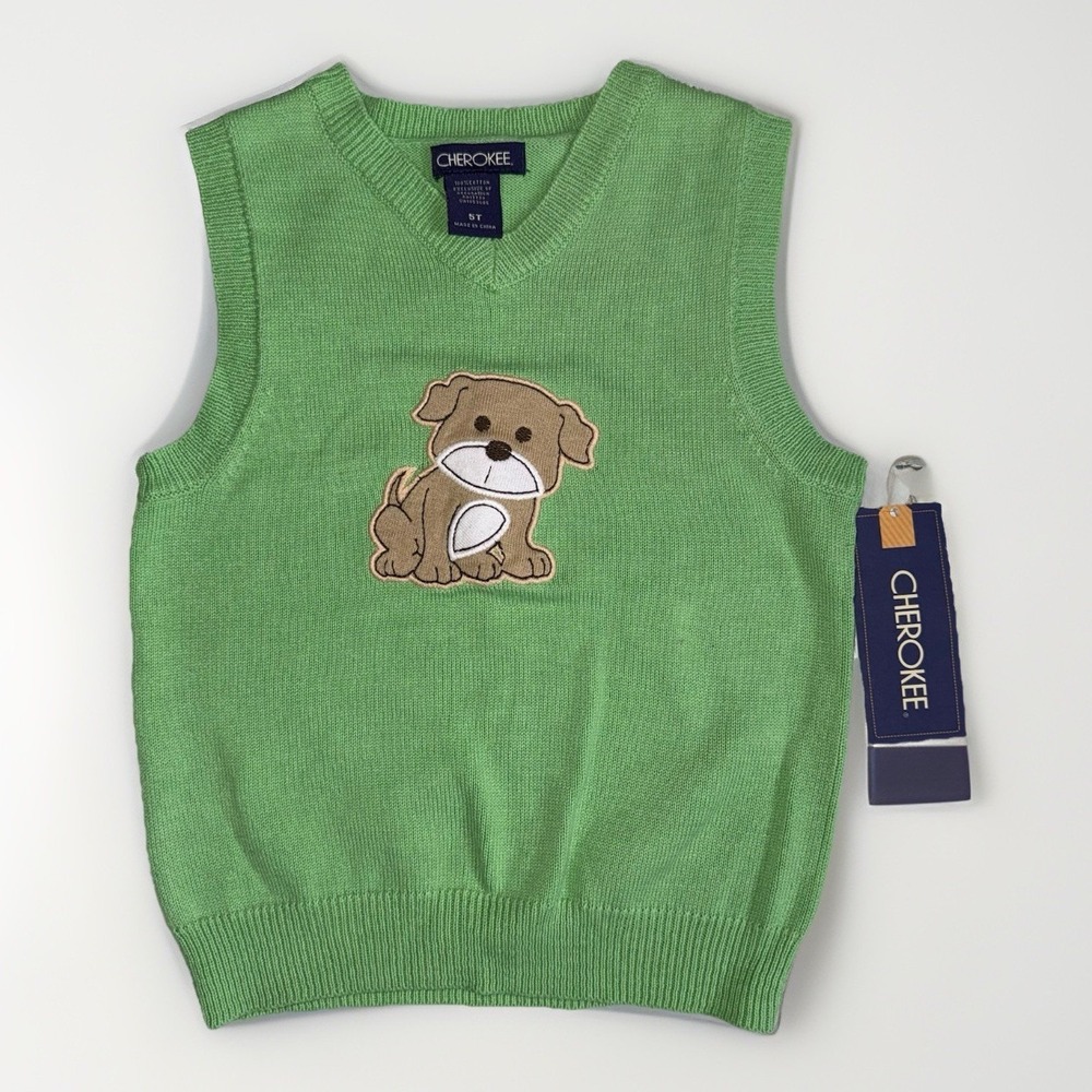 NWT Cherokee Kids Sweater Vest 5T Green Puppy Dog Cotton Knit Preppy Toddler Y2K